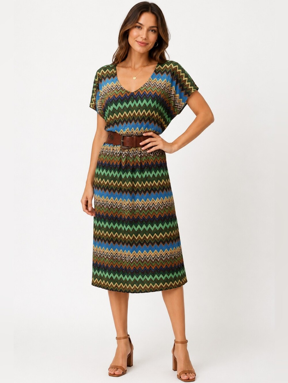 I.N. Studio Chevron Midi Dress w/ Belt Boho Multicolor, SIZE 22w, EUC